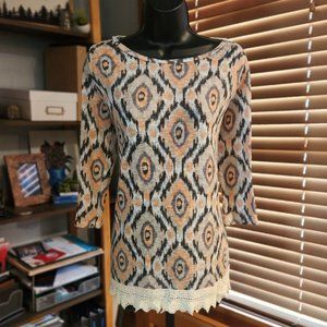 .Boho Ikat Print Knit Tunic with Crochet Accents